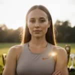 Victoria Arlen stands confidently in front of a serene outdoor setting, wearing an elegant outfit that highlights her strengt