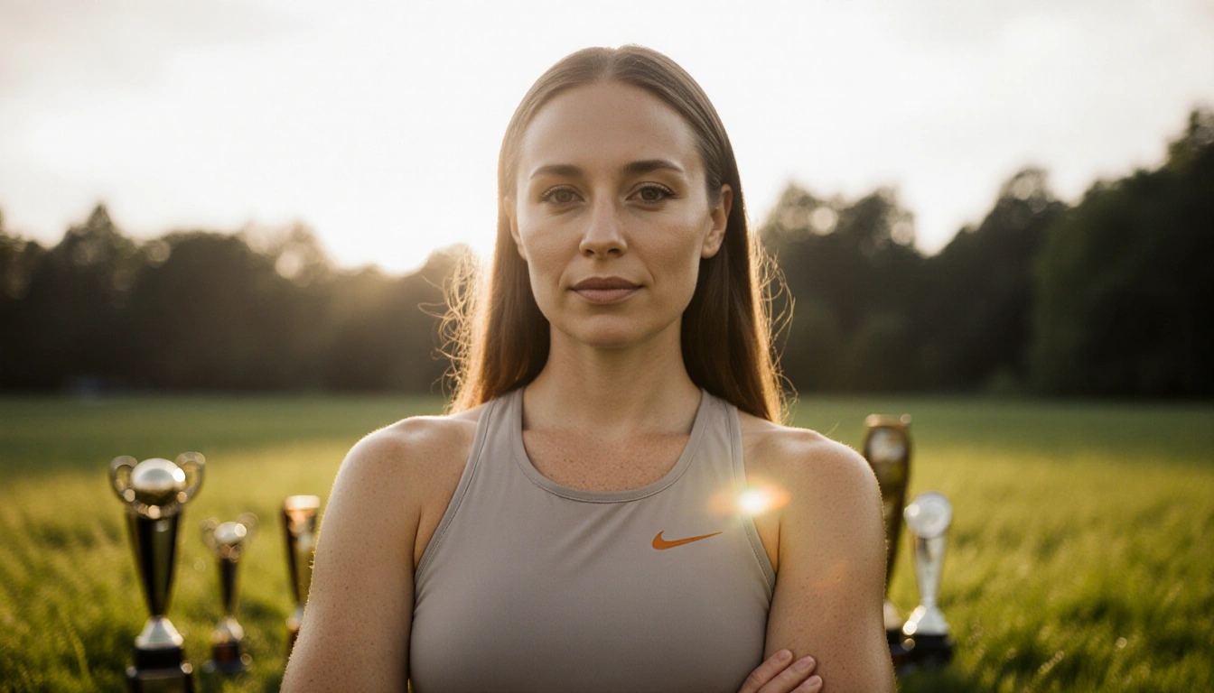 Victoria Arlen stands confidently in front of a serene outdoor setting, wearing an elegant outfit that highlights her strengt
