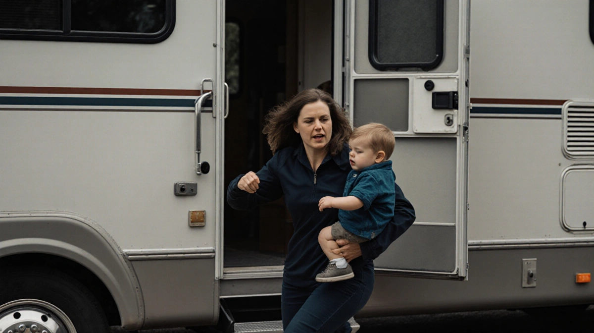 Woman carrying child rushing into RV with urgent expression