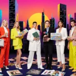 Fashion models posing confidently with bold outfits near cityscape and fashion magazines.