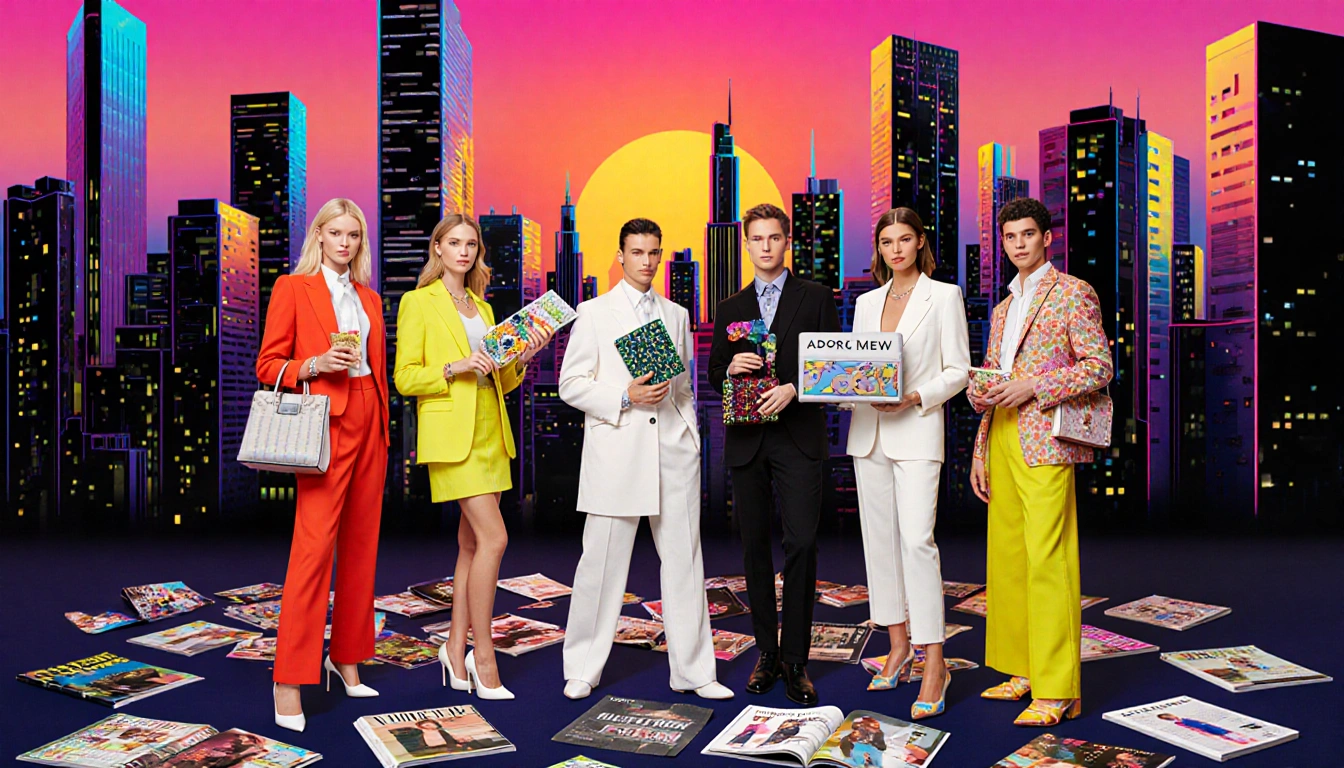 Fashion models posing confidently with bold outfits near cityscape and fashion magazines.