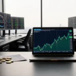Traders working at high-end computers with cryptocurrency market data displayed on screens.