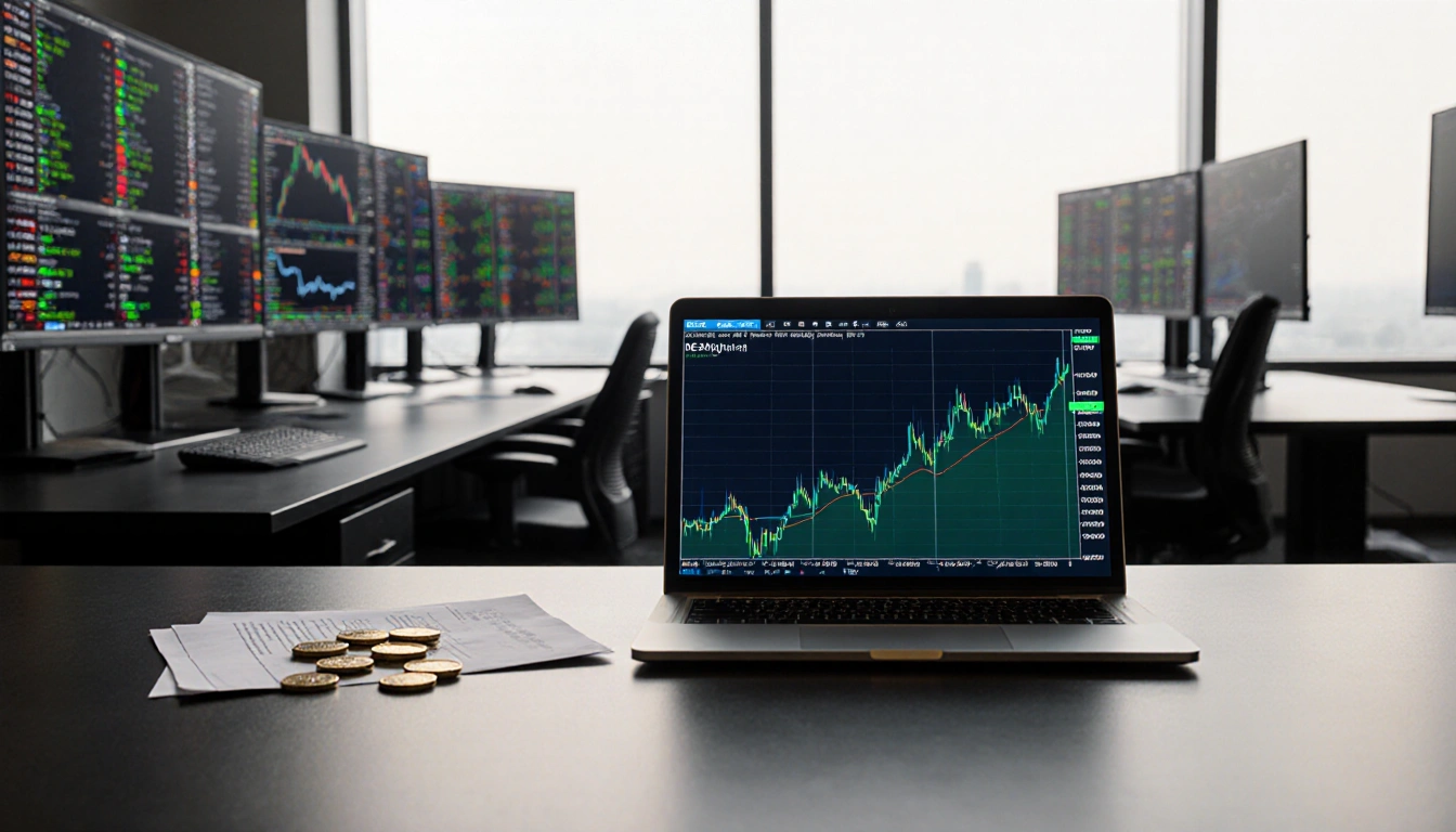 Traders working at high-end computers with cryptocurrency market data displayed on screens.