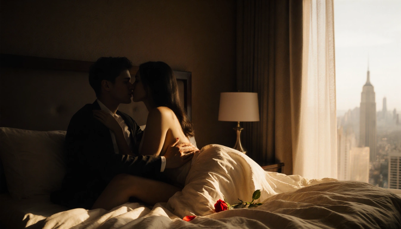 Young couple embracing in a dimly lit luxurious bedroom with soft warm lighting highlighting their curves.