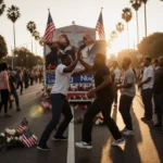 Person doing altercation with American flags and flowers in background