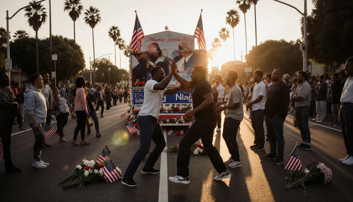 Person doing altercation with American flags and flowers in background