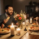 Family gathers around wooden table for warm dinner with soft golden tablecloth and candles.