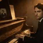 Jackson White sits at a worn piano with a faded family photograph near him.
