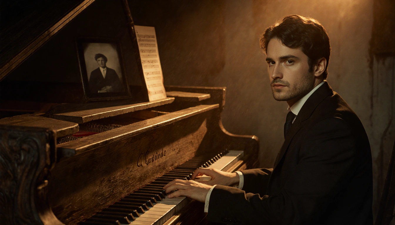 Jackson White sits at a worn piano with a faded family photograph near him.