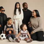 Kim West stands confidently with her children North, Saint, Chicago, and Psalm.