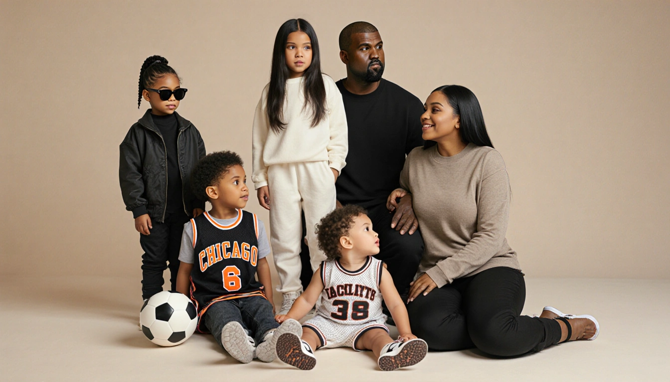 Kim West stands confidently with her children North, Saint, Chicago, and Psalm.