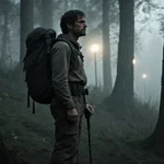 Hiker stands at forest edge, gazing out into distance with trekking poles near, searchlights casting eerie glow in background
