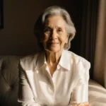 Jackée Harry sits comfortably on a plush couch, gazing straight into the camera, her face illuminated by soft warm light with