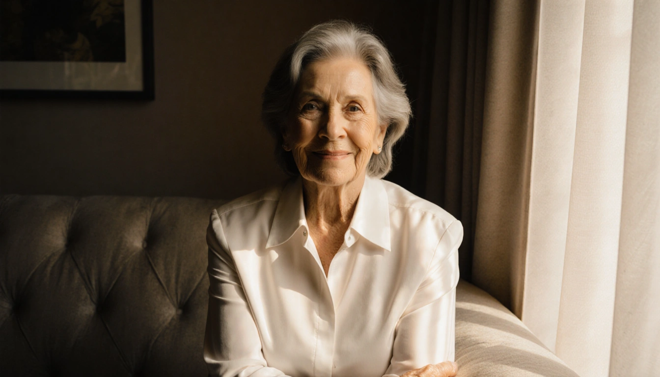 Jackée Harry sits comfortably on a plush couch, gazing straight into the camera, her face illuminated by soft warm light with