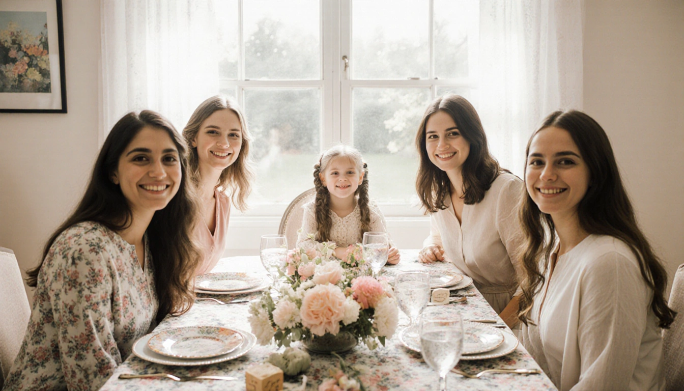 Family members gathering around a dining table with pastel flowers and family heirlooms