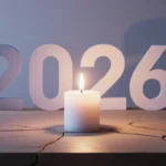 Glowing candle on a wooden desk with subtle 2026 digits in background, shining softly through cracks