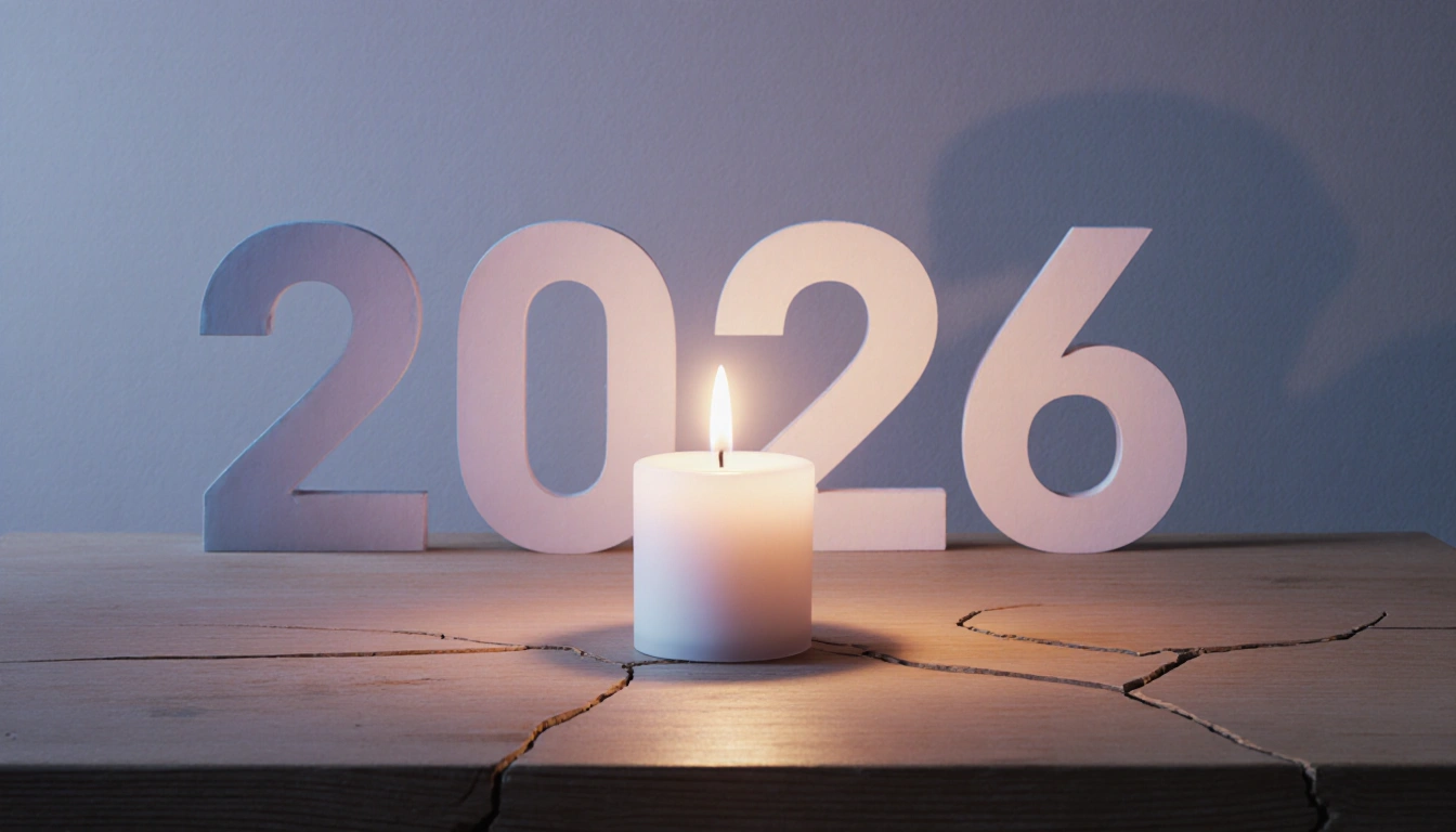 Glowing candle on a wooden desk with subtle 2026 digits in background, shining softly through cracks