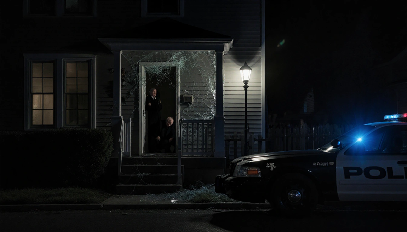 Judicial figure slumped against wall with shattered front window and police car outside.