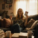 Kat Timpf sitting comfortably on her couch with books, coffee cups, and joke cards nearby.