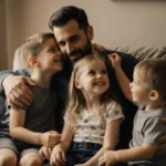 Joey Lawrence sitting comfortably on a plush couch with his three children, Charleston, Liberty, and Dylan in the background.