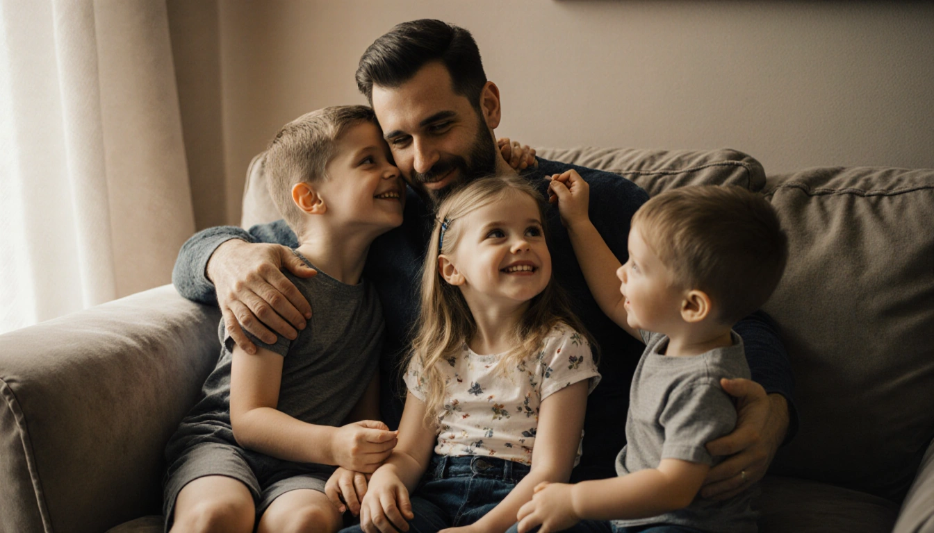 Joey Lawrence sitting comfortably on a plush couch with his three children, Charleston, Liberty, and Dylan in the background.