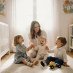 Zara Tindall sits with her three children Mia, Lena, and Lucas holding hands laughing in a colorful nursery.