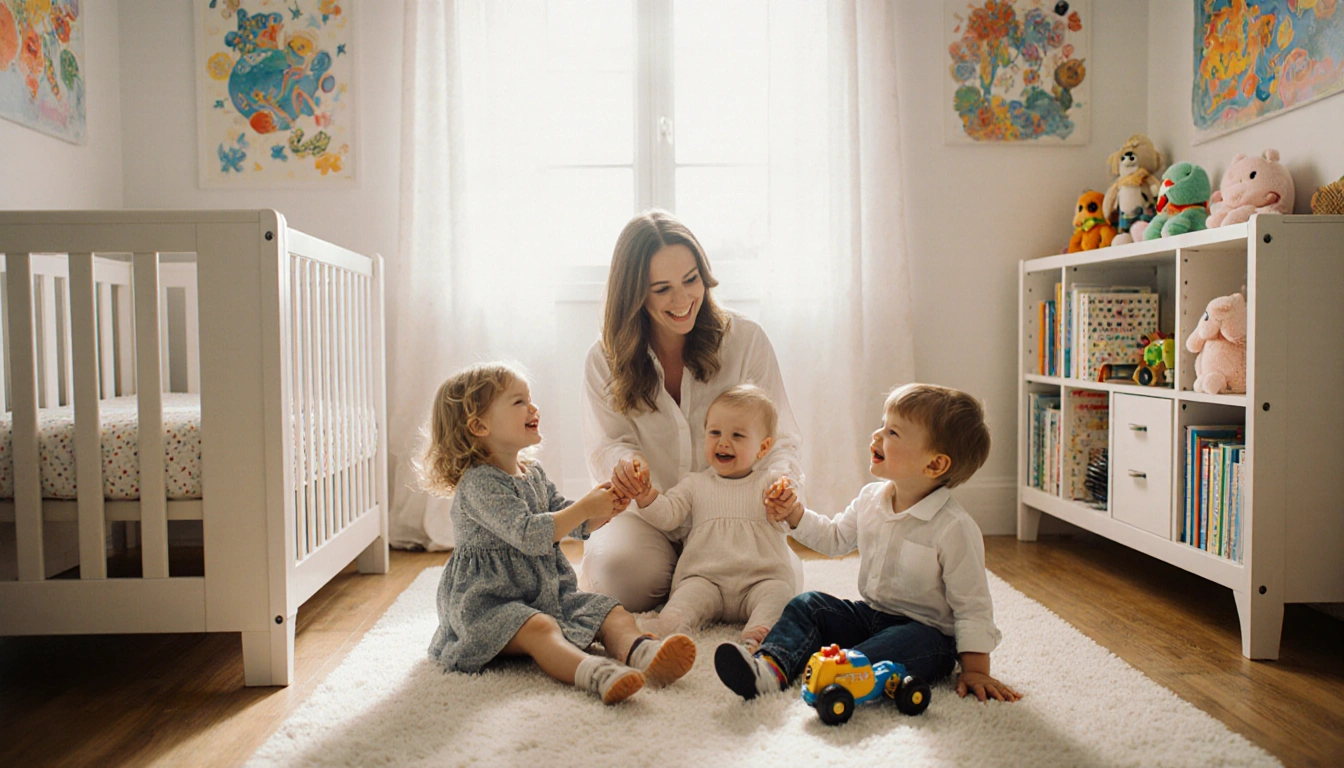 Zara Tindall sits with her three children Mia, Lena, and Lucas holding hands laughing in a colorful nursery.
