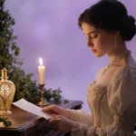 Heroine sitting at vanity with perfume bottle and candles softly lit by warm glow, holding delicate letter.