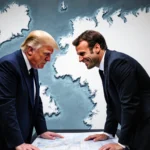 Donald Trump standing beside Emmanuel Macron examining a large map of Greenland.