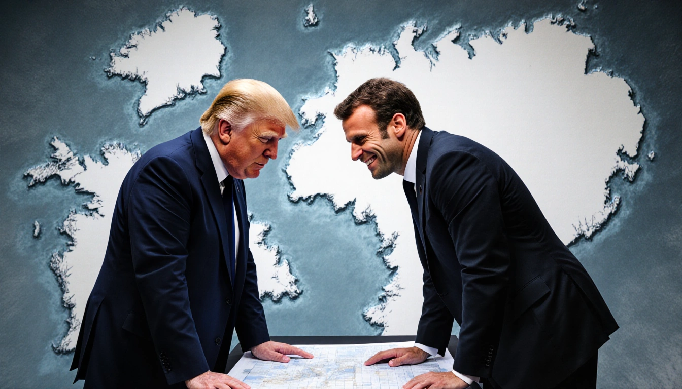 Donald Trump standing beside Emmanuel Macron examining a large map of Greenland.