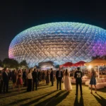 Modern arena sphere shining bright with crowd celebrating near lush greenery
