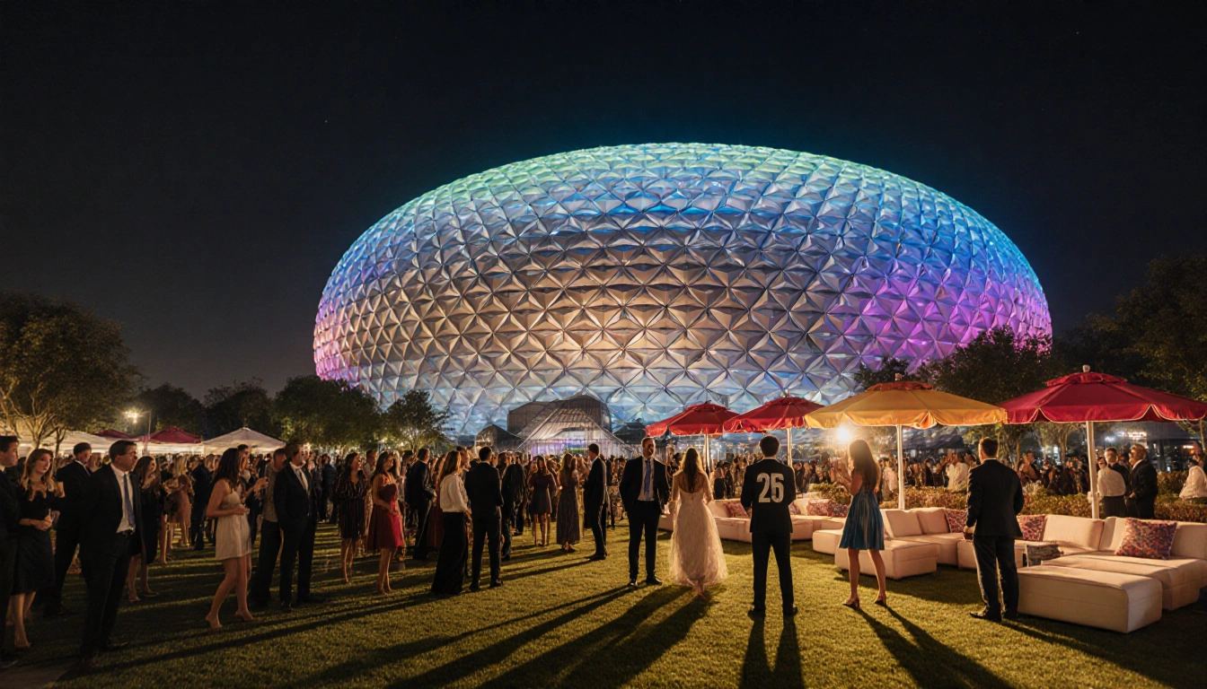 Modern arena sphere shining bright with crowd celebrating near lush greenery