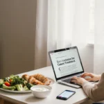 Woman sitting at a table is reading an article about cancer treatment with steamed vegetables nearby and a bowl of Greek yogu