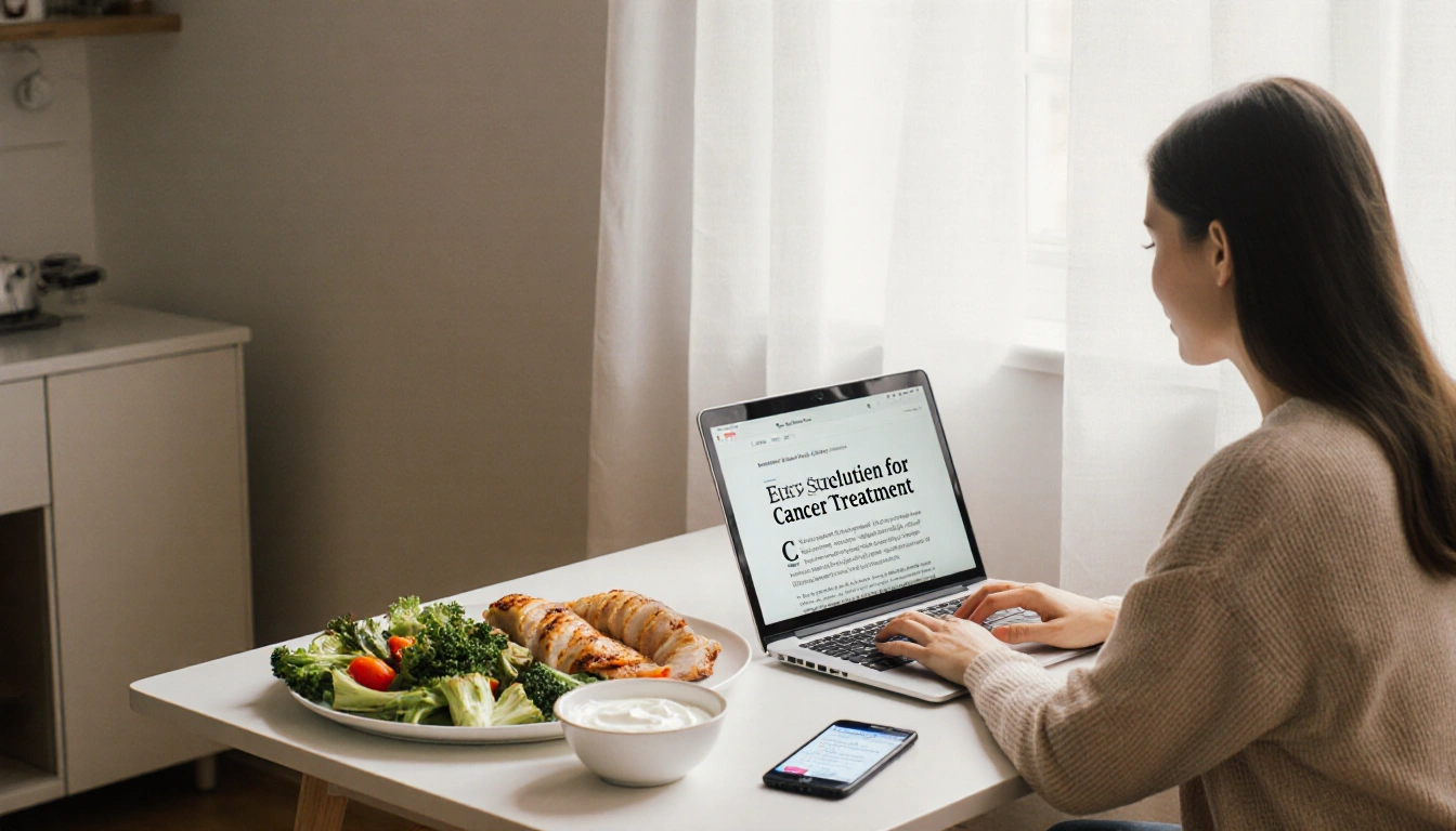 Woman sitting at a table is reading an article about cancer treatment with steamed vegetables nearby and a bowl of Greek yogu