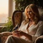 Goldie Hawn cradling a small bird gently on her lap with Russell Simmons