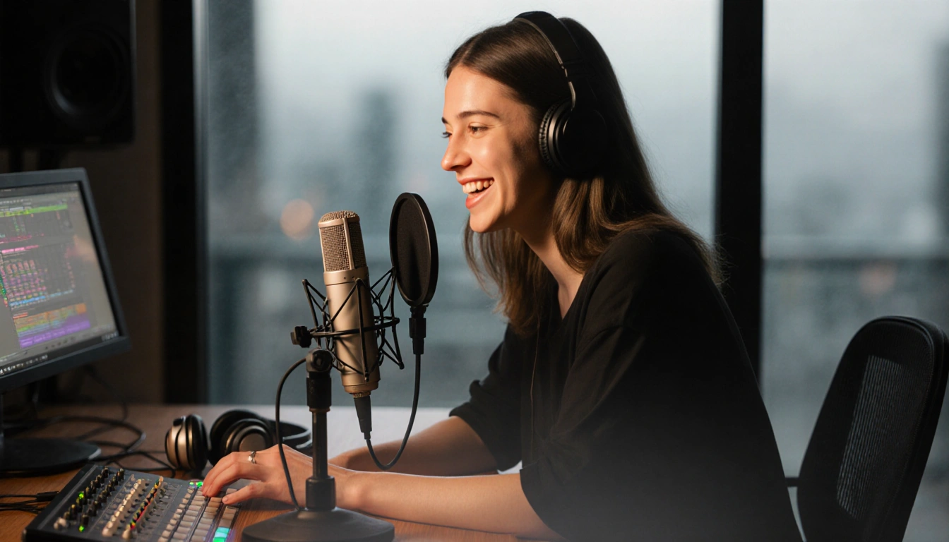 A young woman is speaking into a microphone with headphones on near a wooden desk.