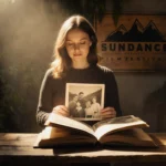 Amy Redford looking at a faded family portrait with nostalgia in her expression, surrounded by lush greenery.