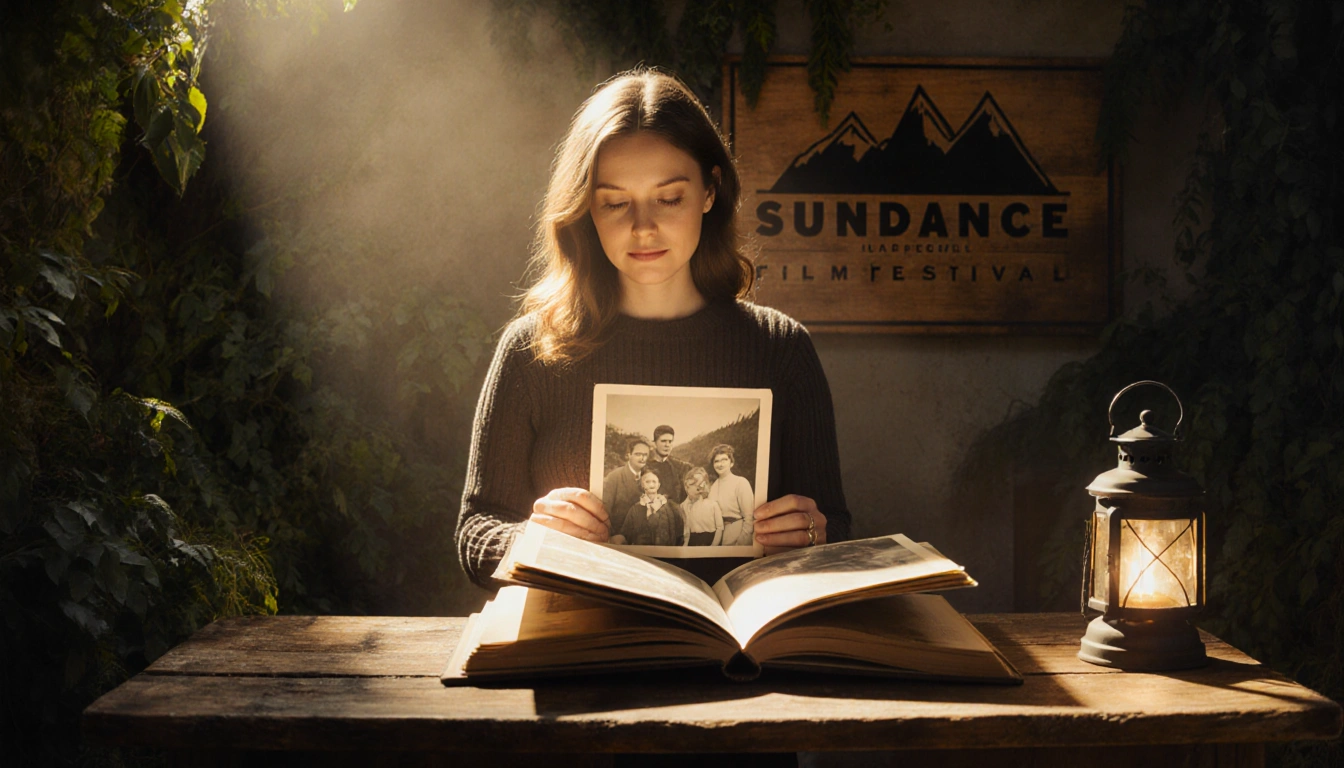 Amy Redford looking at a faded family portrait with nostalgia in her expression, surrounded by lush greenery.