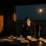 May Cobb sitting at desk with scattered papers and whiskey glass.