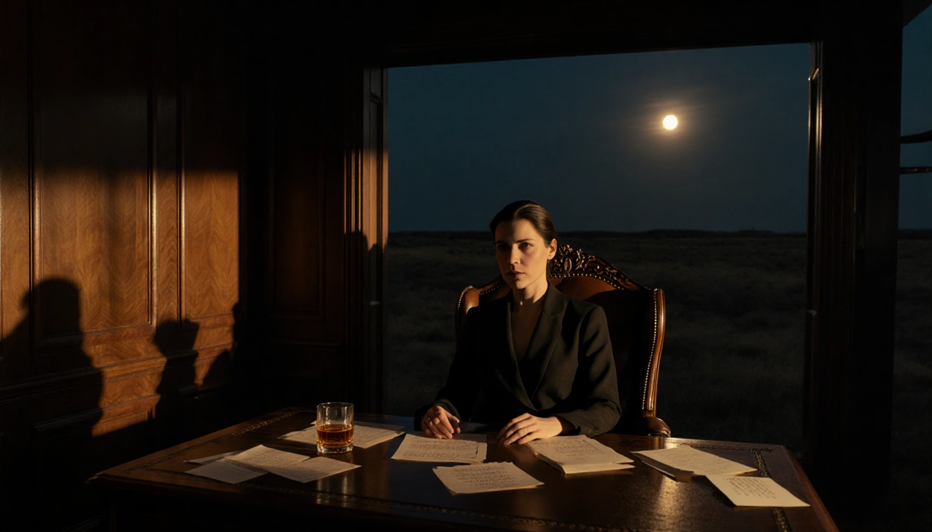 May Cobb sitting at desk with scattered papers and whiskey glass.