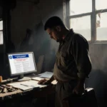 Day laborer standing at a makeshift workbench in a dimly lit warehouse, holding briefcase with unpaid wages.