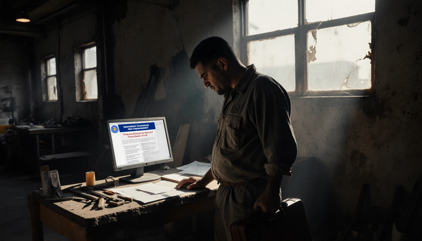 Day laborer standing at a makeshift workbench in a dimly lit warehouse, holding briefcase with unpaid wages.
