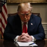 President Trump sitting at desk with clenched hands and American flag in background.
