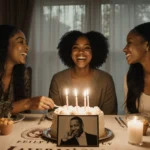 Three young women laughing and smiling at a birthday dinner table with a cake featuring three lit candles and a vintage photo