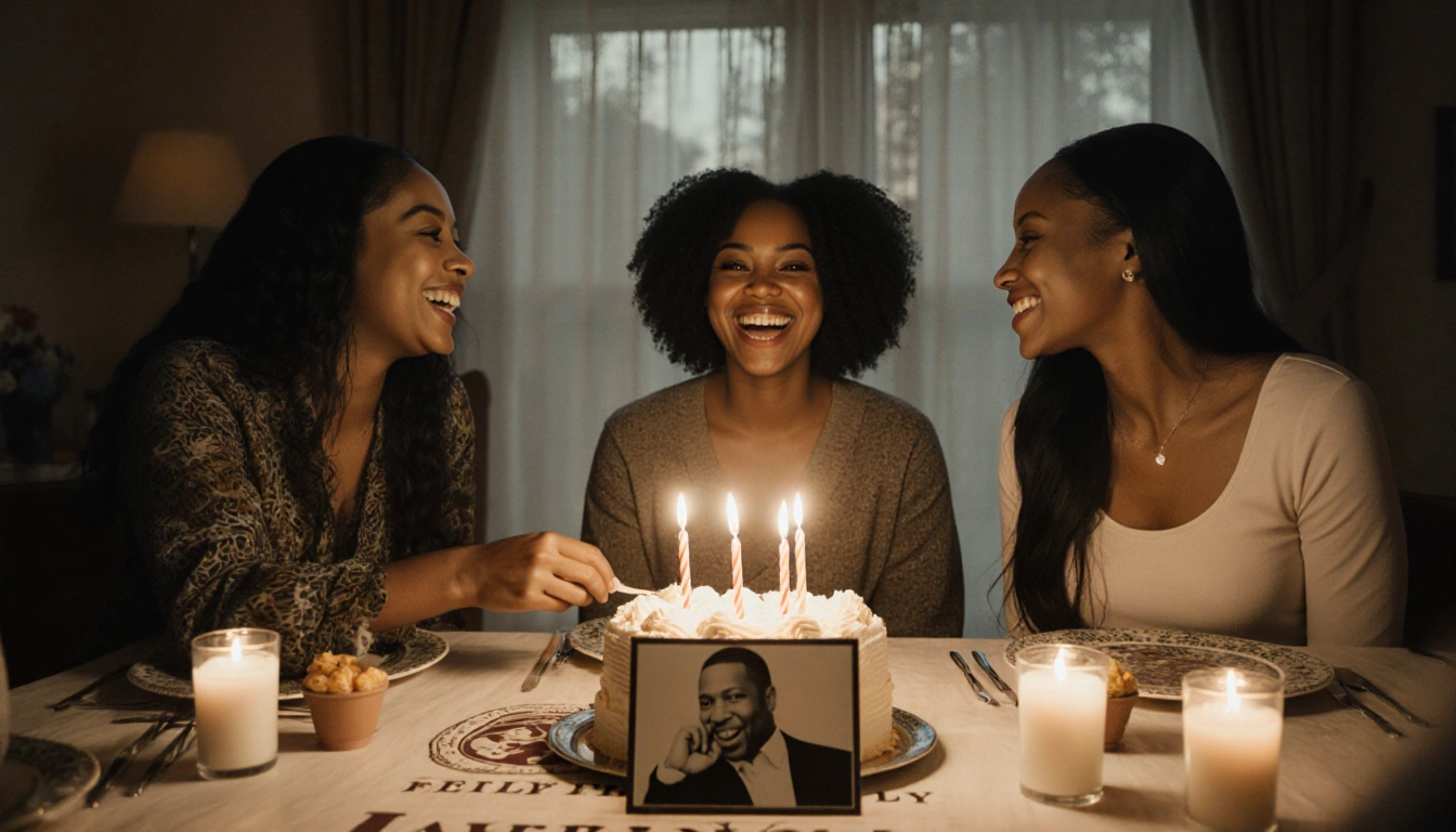 Three young women laughing and smiling at a birthday dinner table with a cake featuring three lit candles and a vintage photo