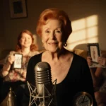 Carol Burnett stands in front of a vintage microphone, doing comedy with nostalgic props from her TV show.