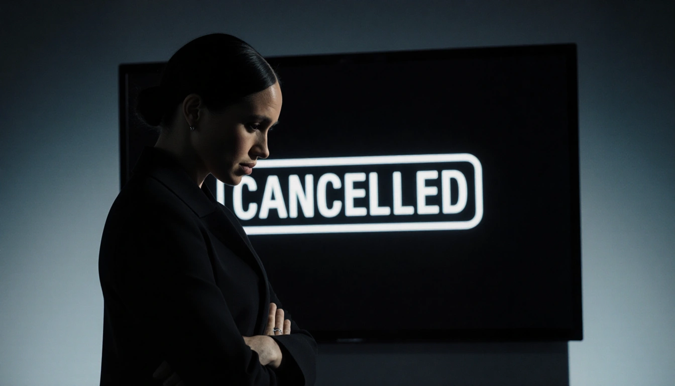 Meghan Markle stands alone in front of a dimly lit black screen displaying