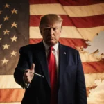 Donald Trump is signing a document with an American flag backdrop in the background.