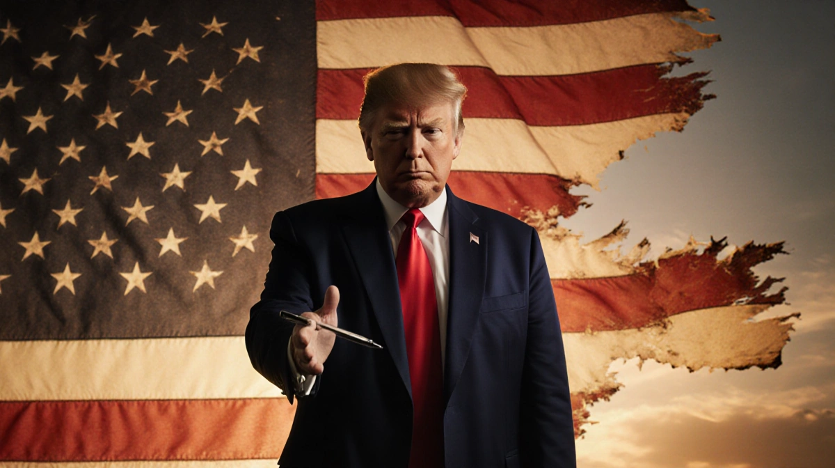 Donald Trump is signing a document with an American flag backdrop in the background.