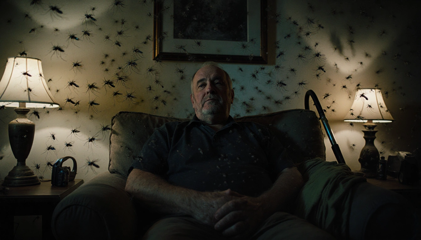 Richard Johnson sitting at home exhausted with nightlights and handheld vacuum cleaners near him.